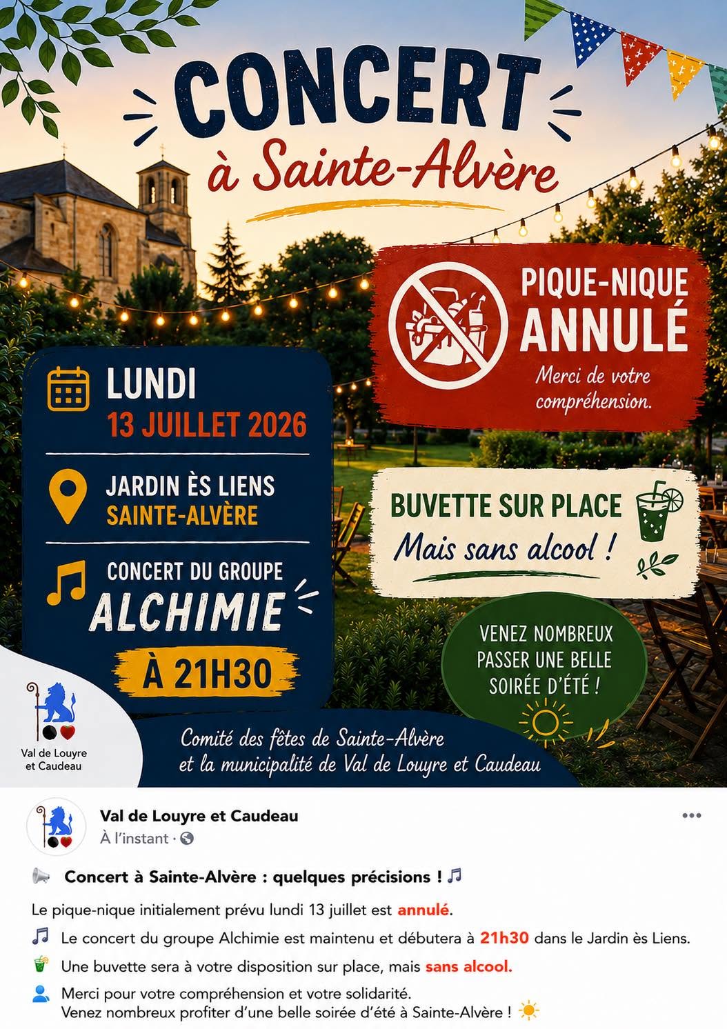 annulation pique nique du 13 juillet ,mauqique maintenue à 21 h 30
