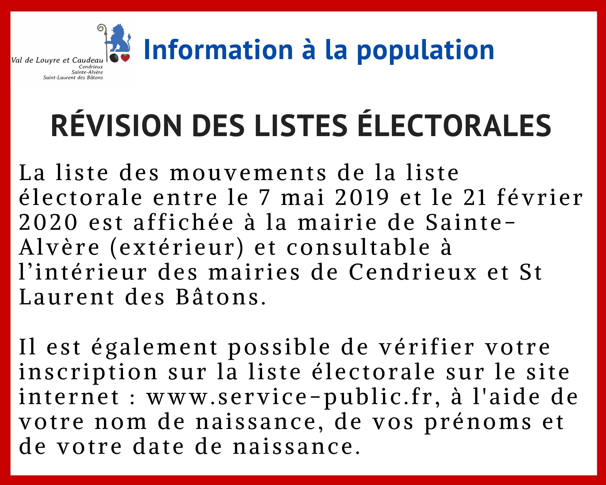 Information à la population Révision des listes électorales